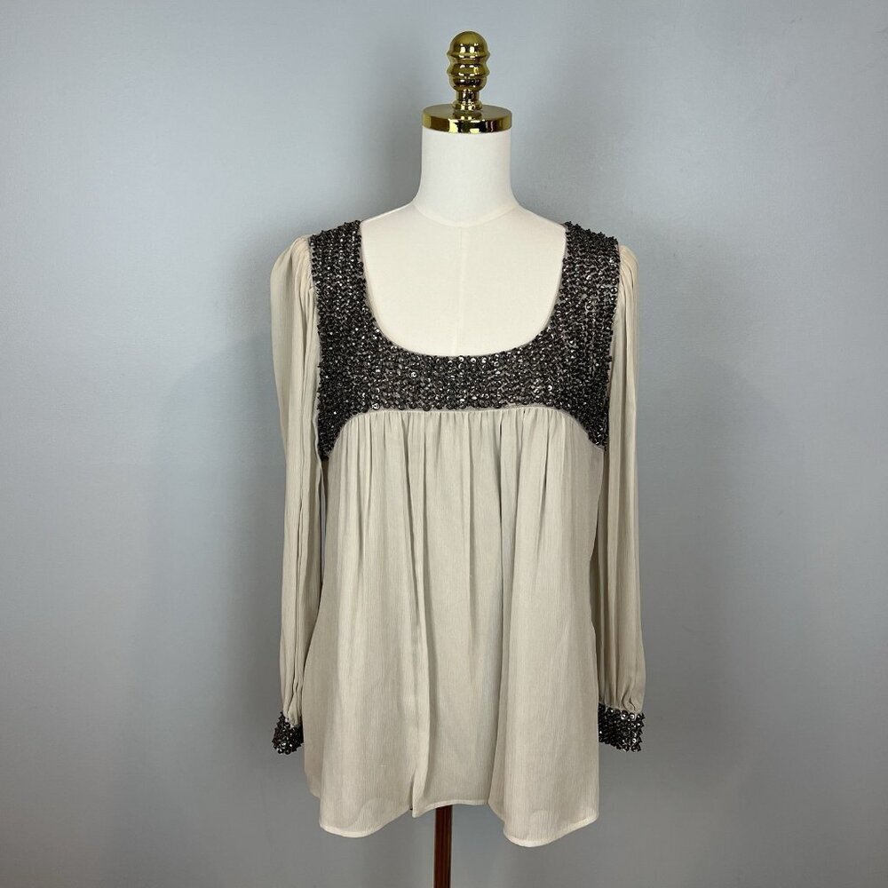 St. John Silk and Sequin Blouse Size 8 Long Sleeve Alabaster Flowy NWT